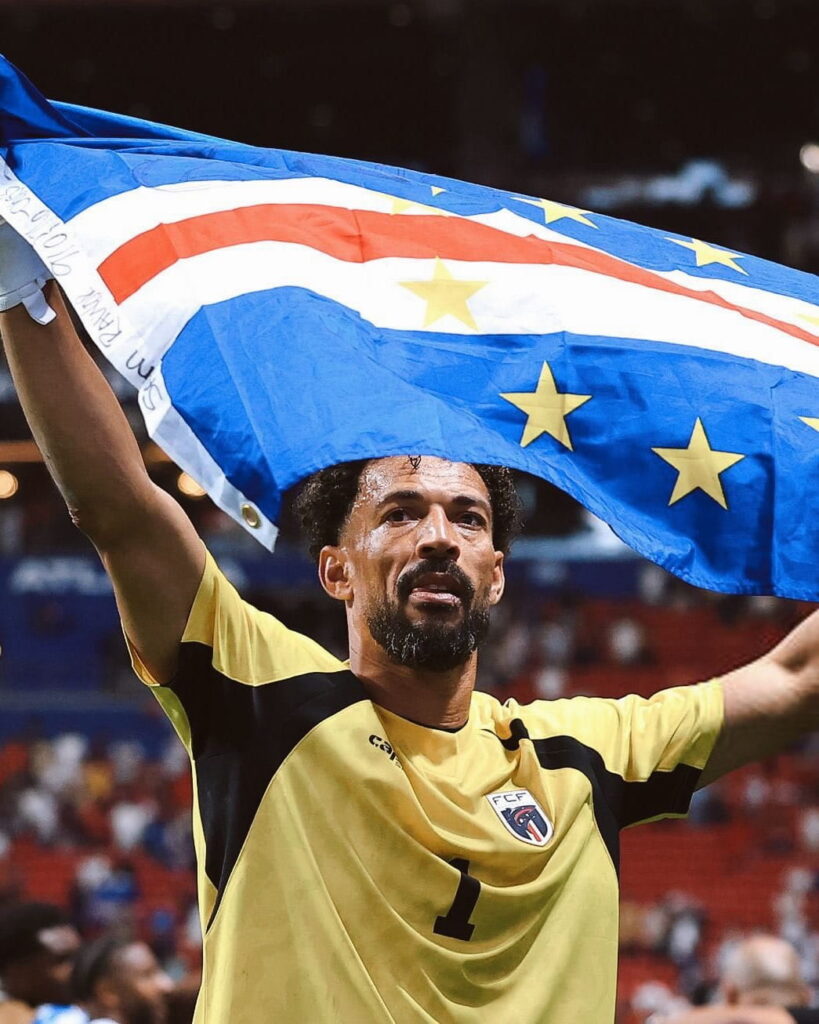 Vozinha, Cape Verde's 40-year-old goalkeeper, celebrating after the 0-0 draw against Spain